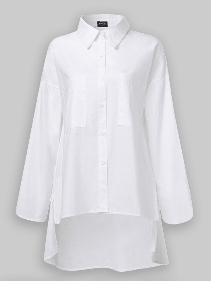 Women's Lapel Pocket Irregular Hem Shirts with Long Sleeves in Solid Colors