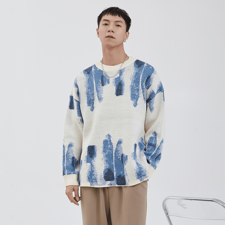 Blue Graffiti Watercolor Jacquard Casual Knit Loose Sweater