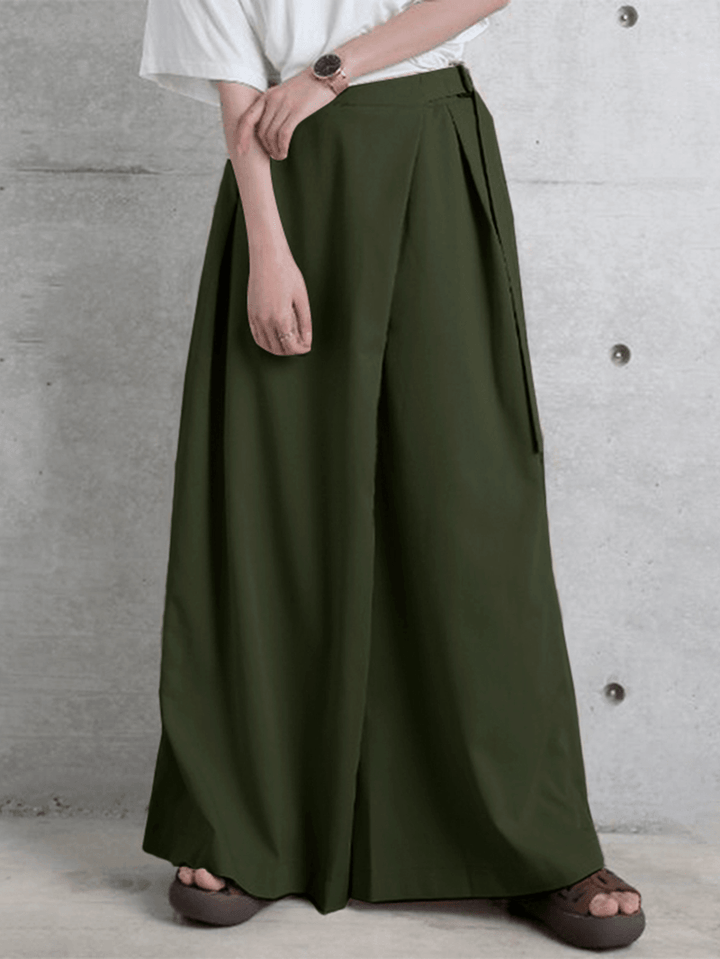 Women Side Zipper Solid Color Casual Wide Leg Pants with Pocket