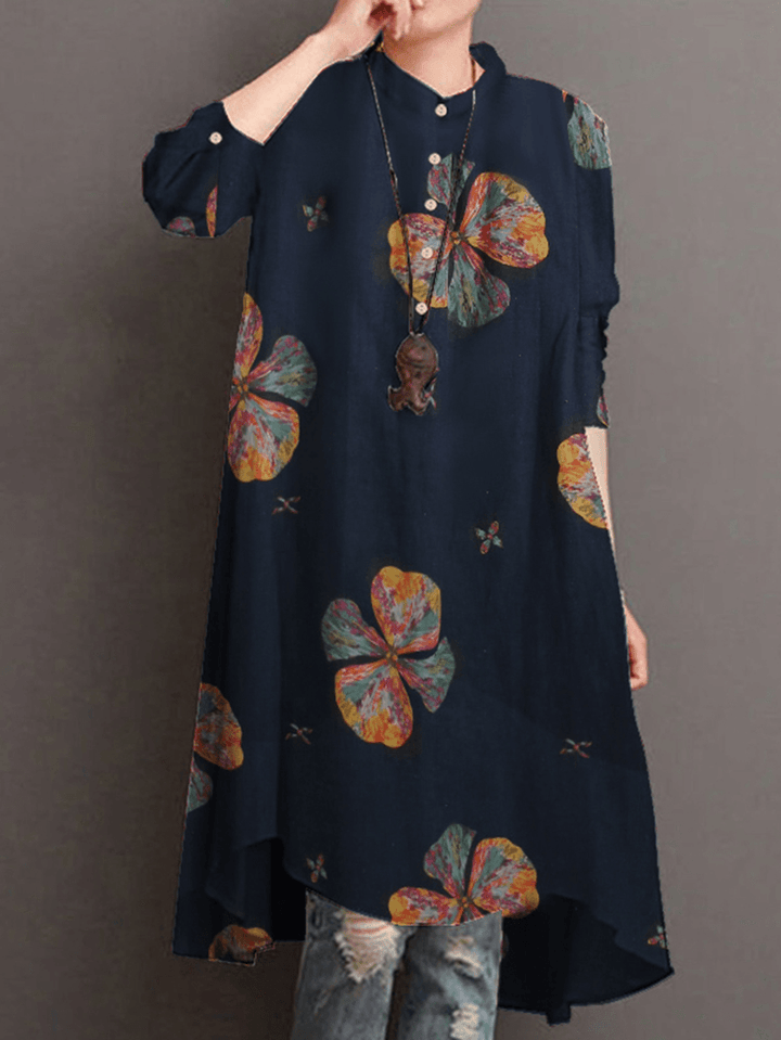 Women Cotton Button Vintage Print High-Low Hem Retro Shirt Dress