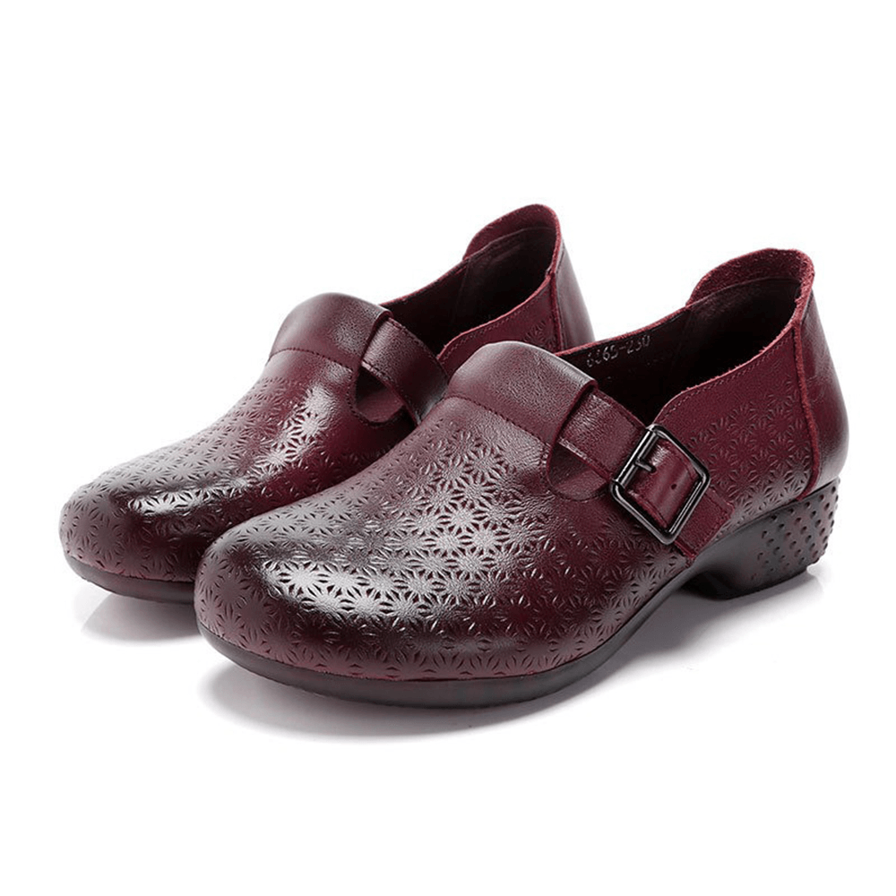 Women Comfy Soft Breathable Hollow Wearable Buckle Casual Leather Loafers - MRSLM