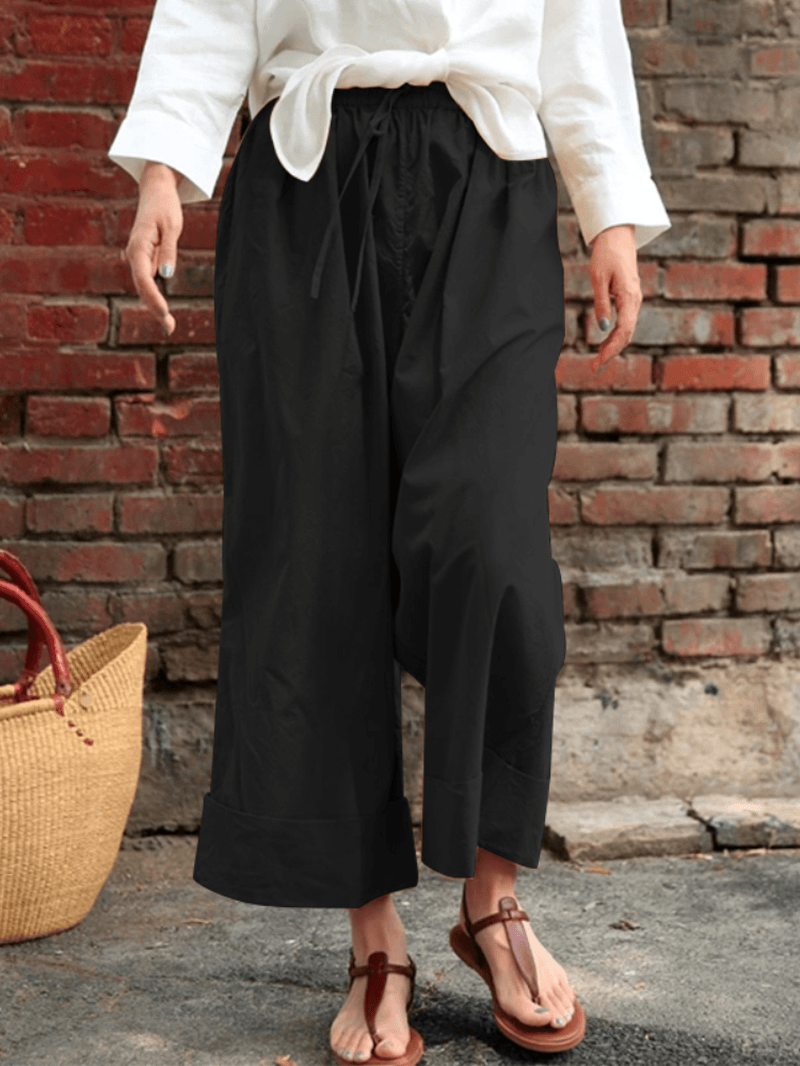 Women Casual Drawstring Waist Solid Holiday Vintage Wide Leg Pants with Pockets