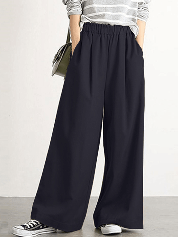 Women Casual Solid Color Elastic Waist Wide Leg Pants with Pocket