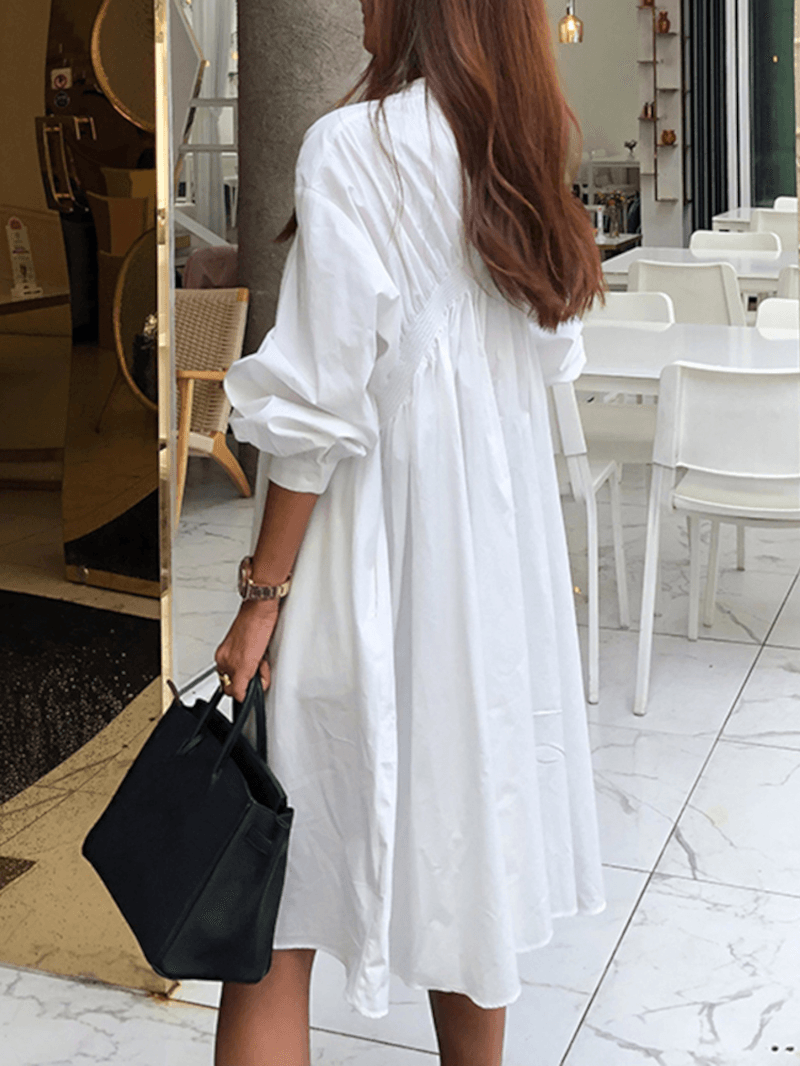 Women Solid Color Pleated Long Sleeve Casual Shirt Midi Dresses