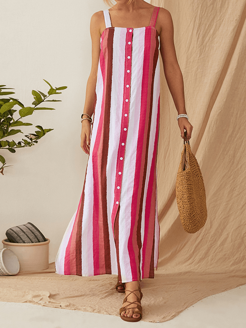 Striped Button down Split Straps Women Casual Maxi Dress - MRSLM