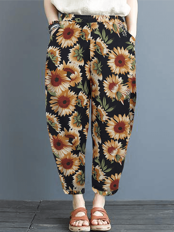 Women Sunflower Daisy Floral Print Cotton Casual Pants with Side Pockets