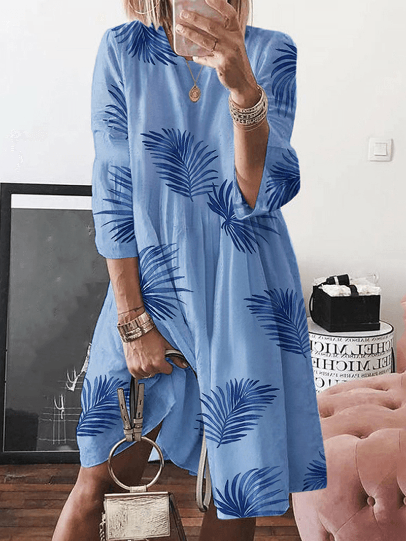 Women Floral Plant Print Long Sleeve Beach Holiday Loose Dress