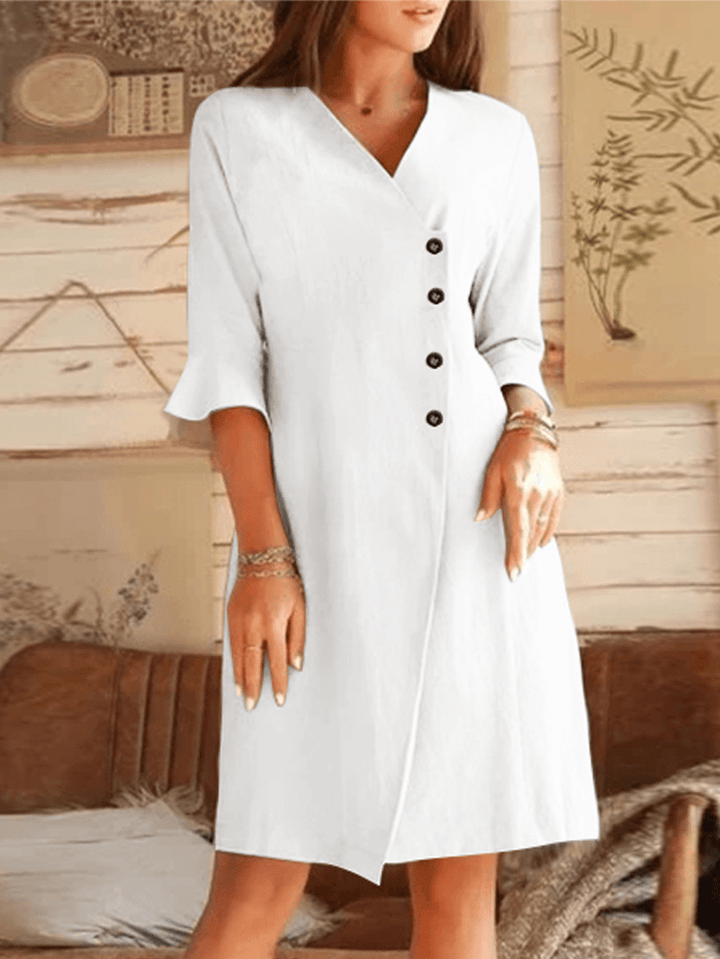 V-Neck Oblique Placket Design Bell Sleeve Casual Dress - MRSLM