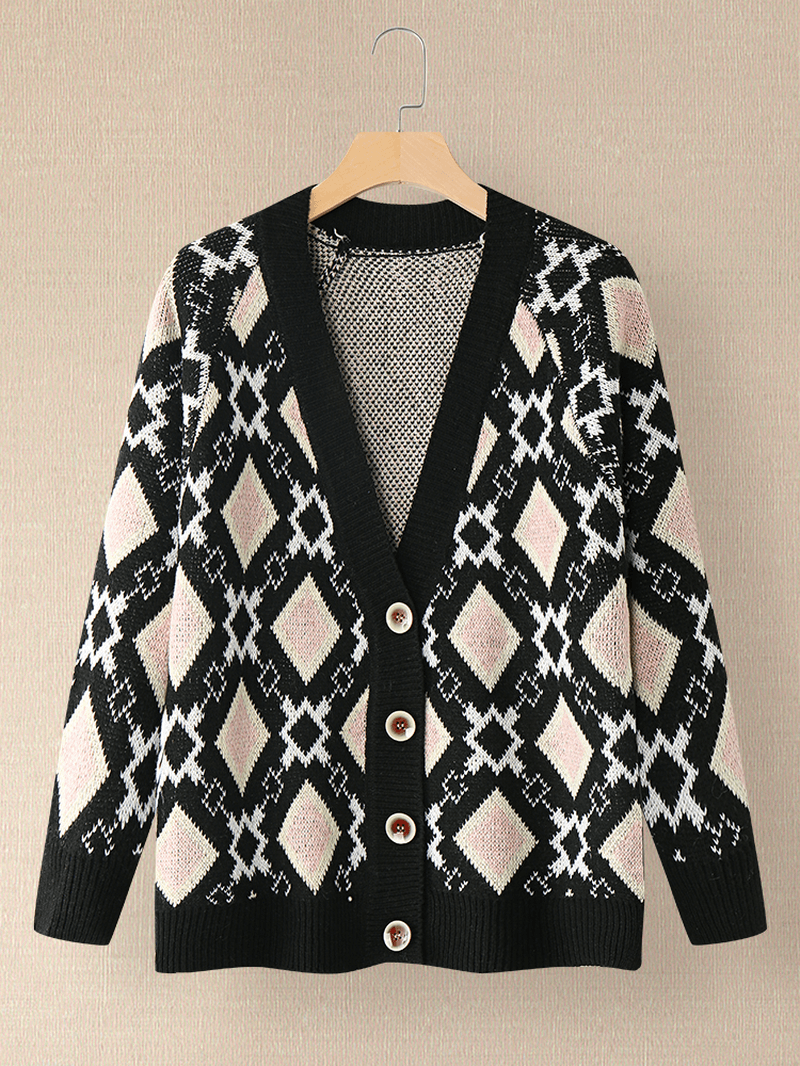 Women Argyle Pattern Geometric Knitted Casual Animated Button Cardigan