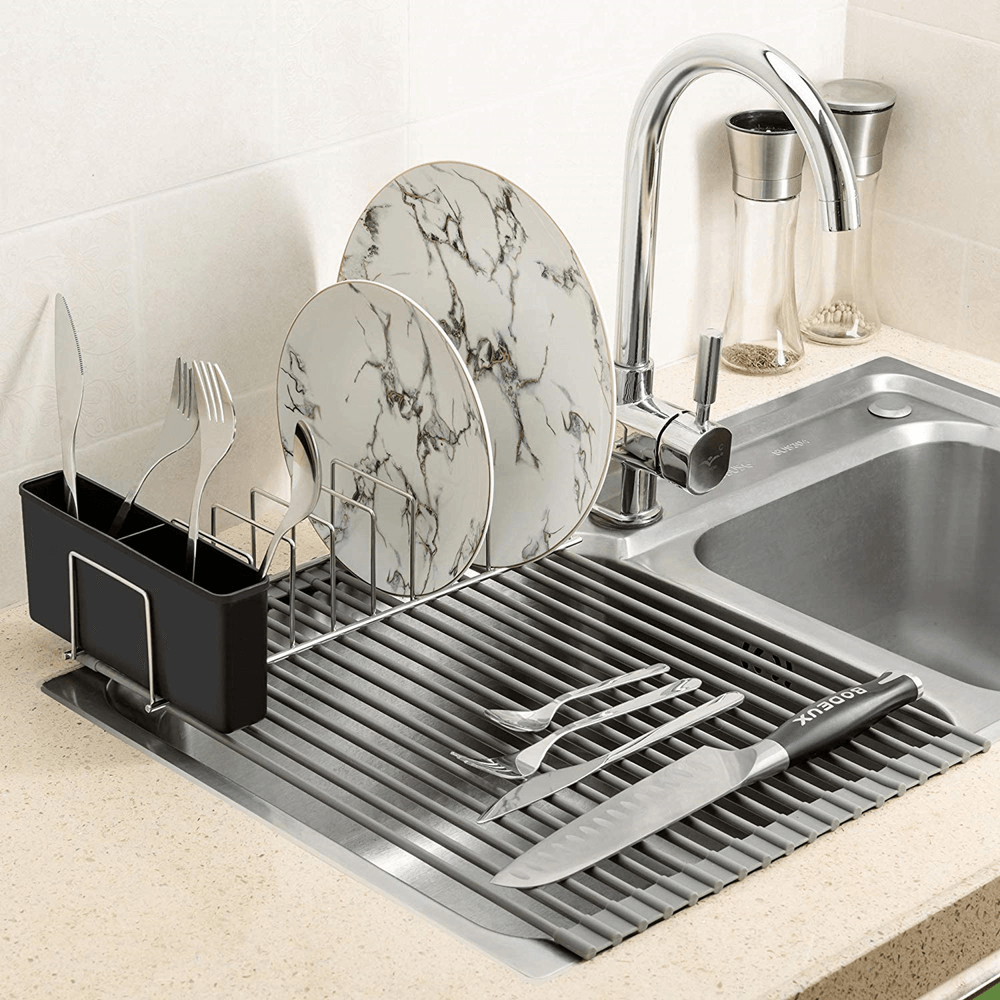 Dish Drying Rack Roll up No-Slip Silicone-Coated Kitchen Multipurpose Sink Drainer Foldable Drain Shelf