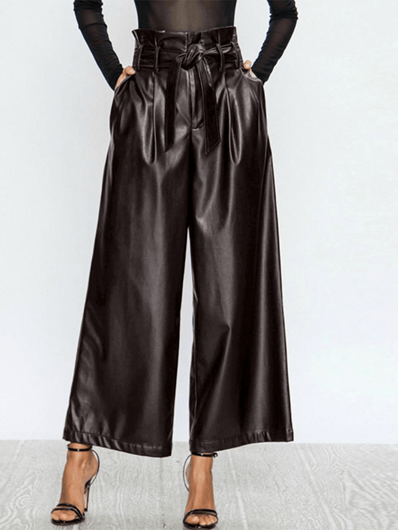 Women Causal High Waist Belted Wide Leg Pocket Pants - MRSLM