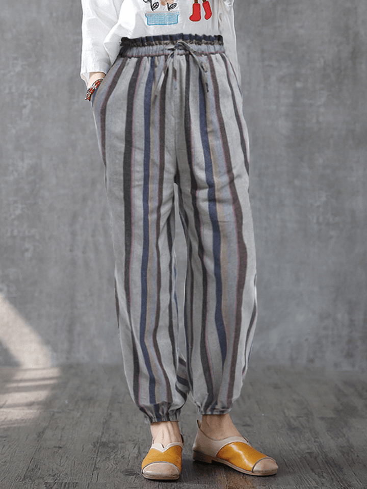 Women Casual Striped Elastic Waist Trousers Pants - MRSLM