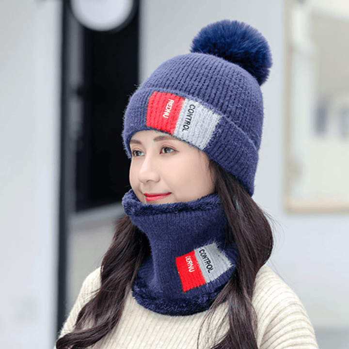 Unisex 2PCS plus Velvet Thicken Warm Windproof Neck Face Protection Riding Knitted Hat Scarf