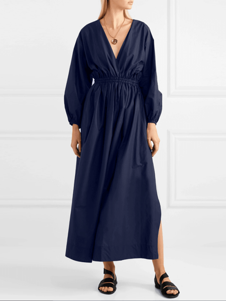 Women V-Neck Pleated Elastic Waist Puff Sleeve Elegant Maxi Dresses