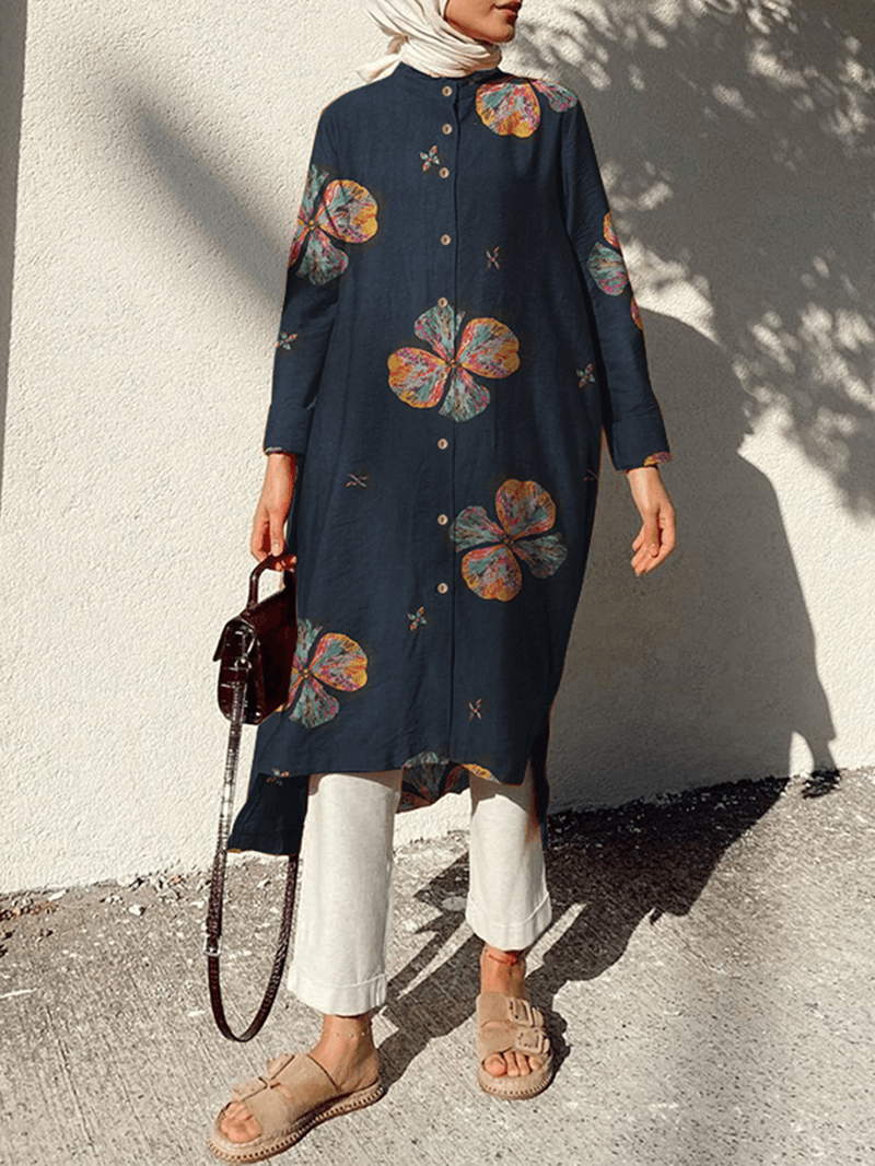 Women Cotton Flowers Print Kaftan Long Sleeve Retro Shirt Dress - MRSLM