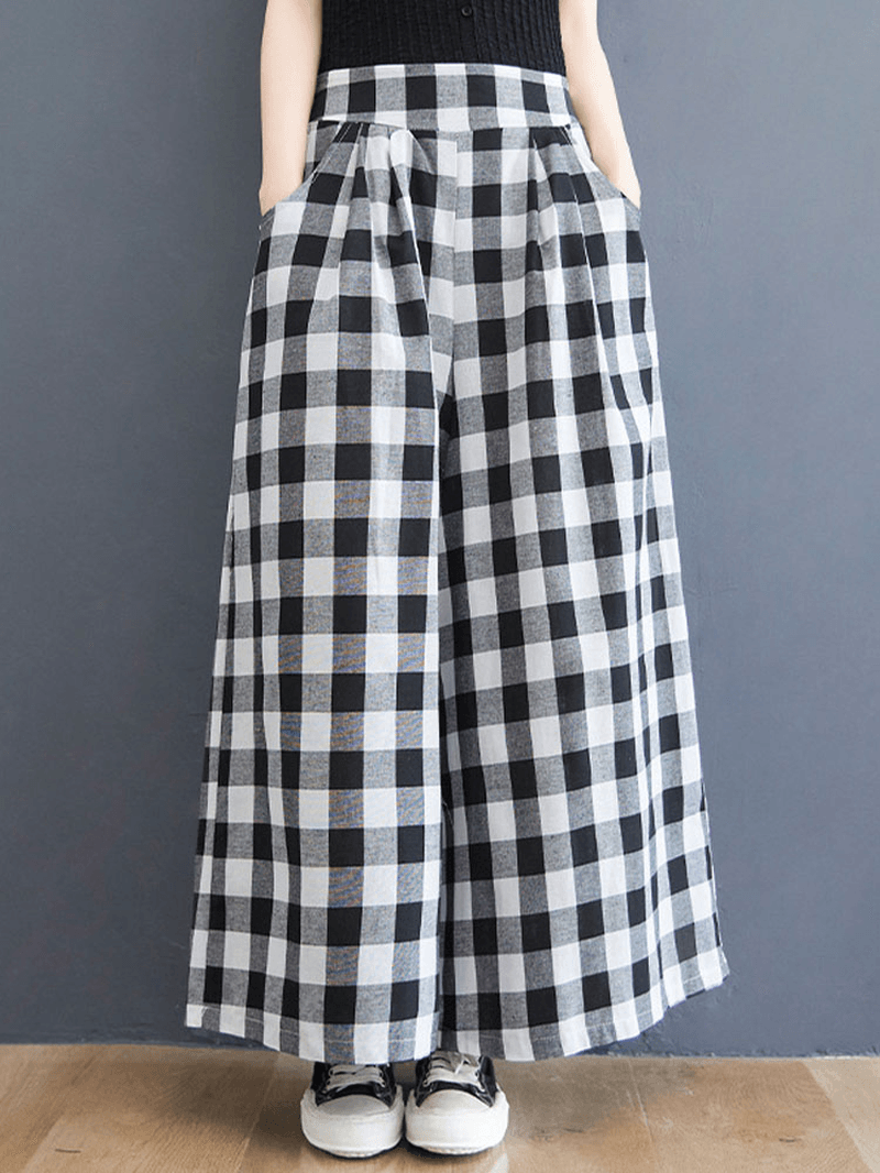 Women Plaid Wide-Legged Side Pocket Elastic High Waist Ankle Length Palazzos Pants