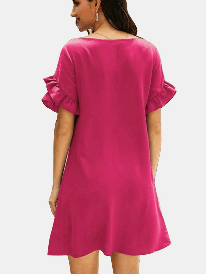 Solid Causal V-Neck Short Ruffled Sleeve Dress for Women