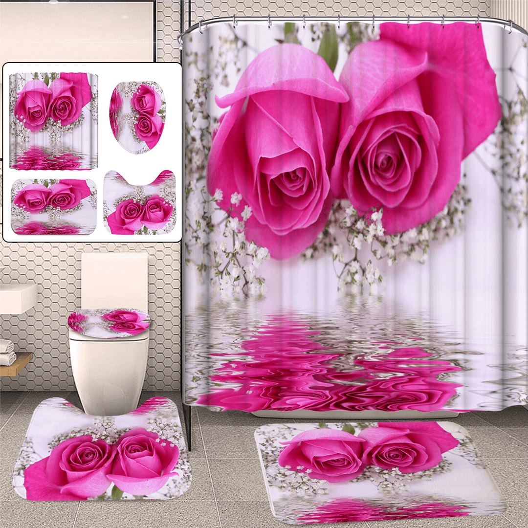 Pink Rose Waterproof Bathroom Shower Curtain Toilet Cover Bath Mat Pedestal Rug