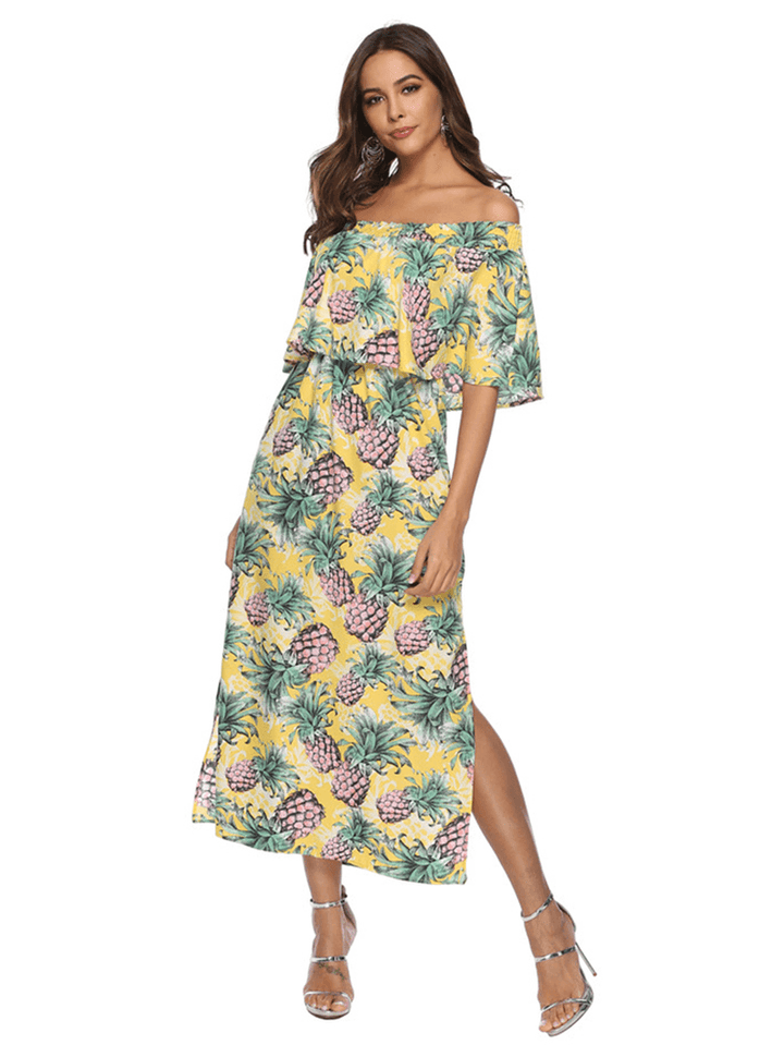 Women off Shoulder Floral Print Split Causal Midi Dress