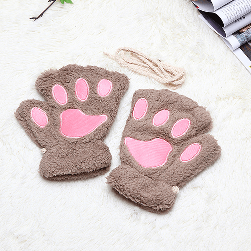 Women Girls Fluffy Plush Bear Cat Paw Fingerless Gloves Paw Glove Winter Warm Mittens - MRSLM