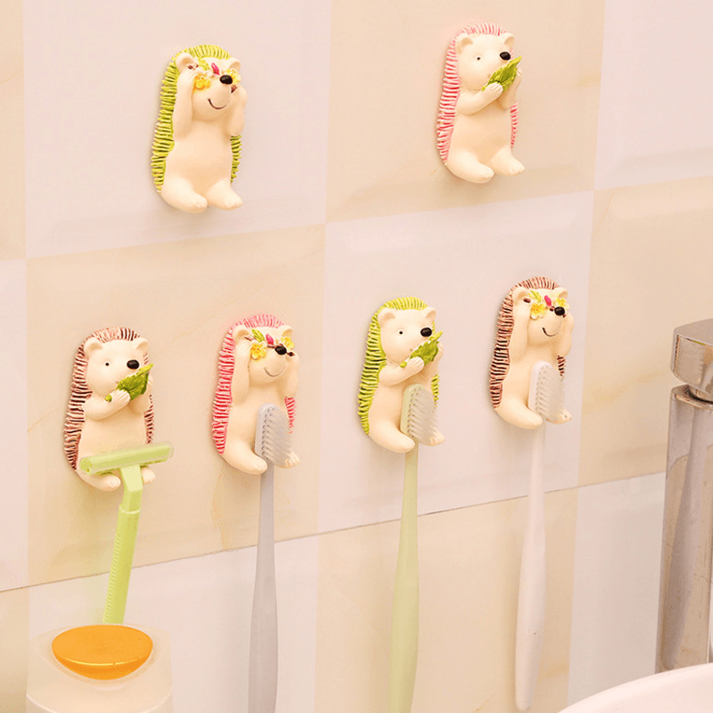 Honana Resin Shy Hedgehog Toothbrush Suction Holder Wall Mount Plug Socket Organizer Sundry Key Hook Wall Hanger