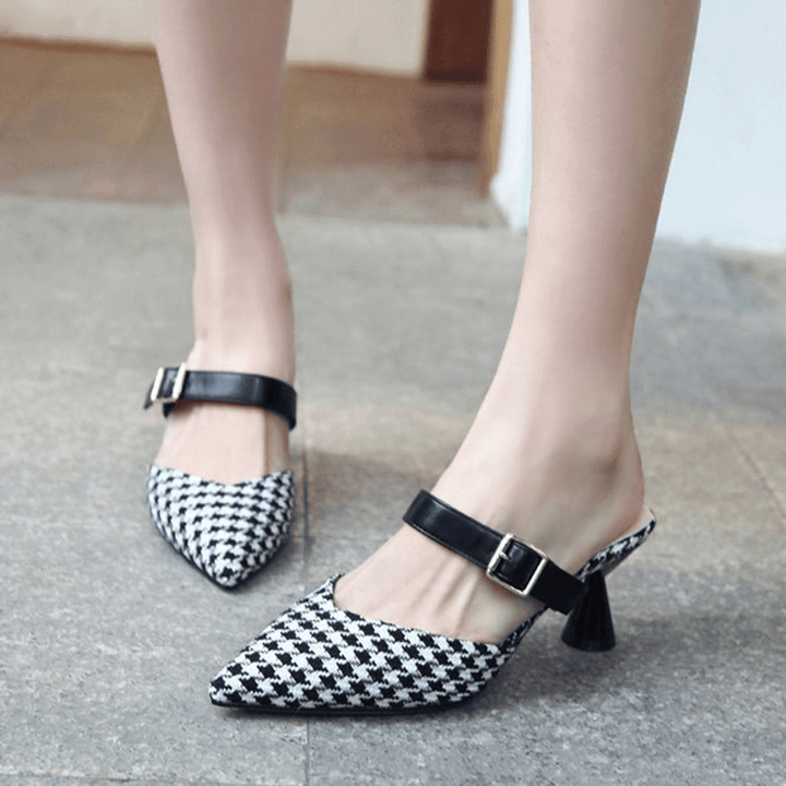 Women Retro Elegant Lattice Pattern Pointed Toe Backless Cone Heel Shoes