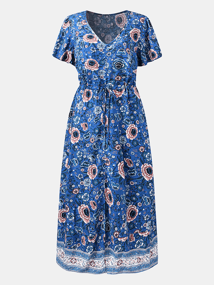 Flower Button Drawstring V-Neck Short Sleeve Print Dress for Women