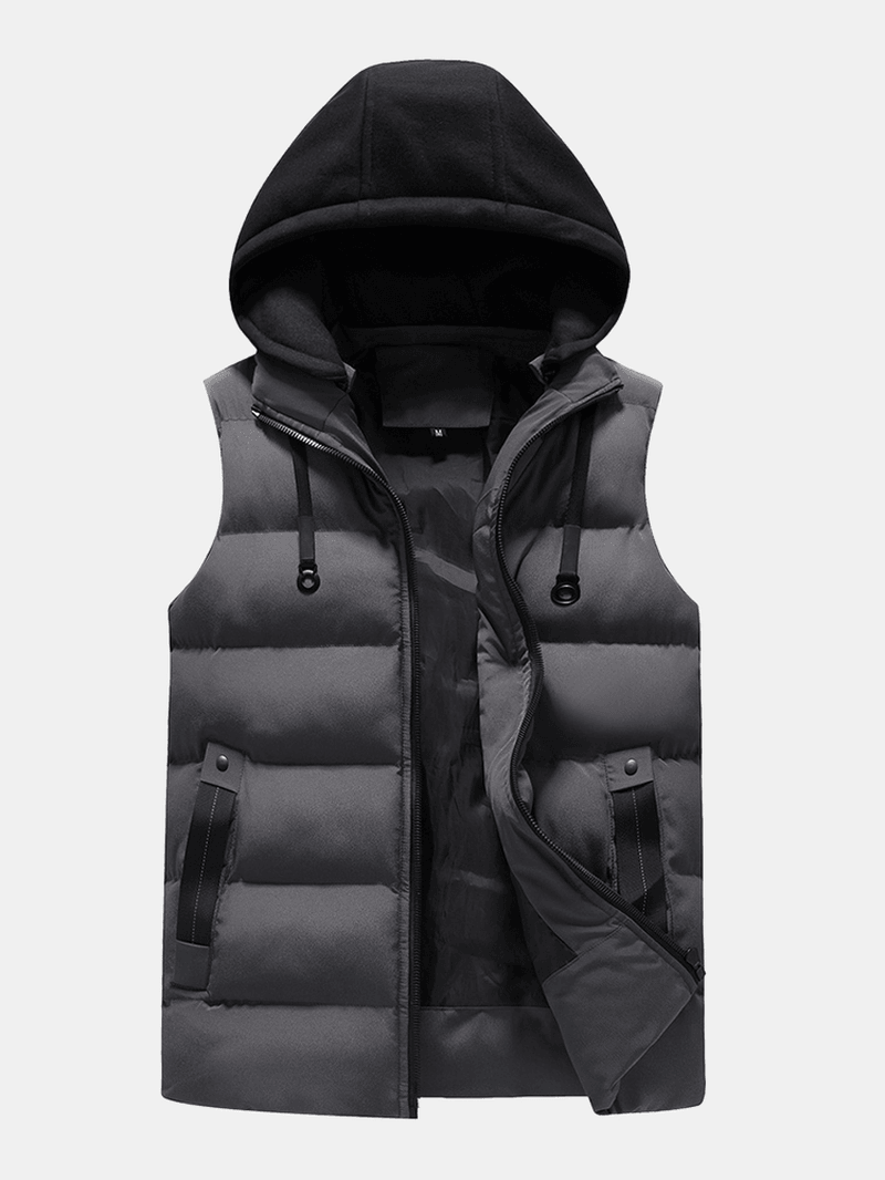 Mens Zipper Side Pocket Windproof Removable Hooded Warm Sleeveless down Jacket Vest