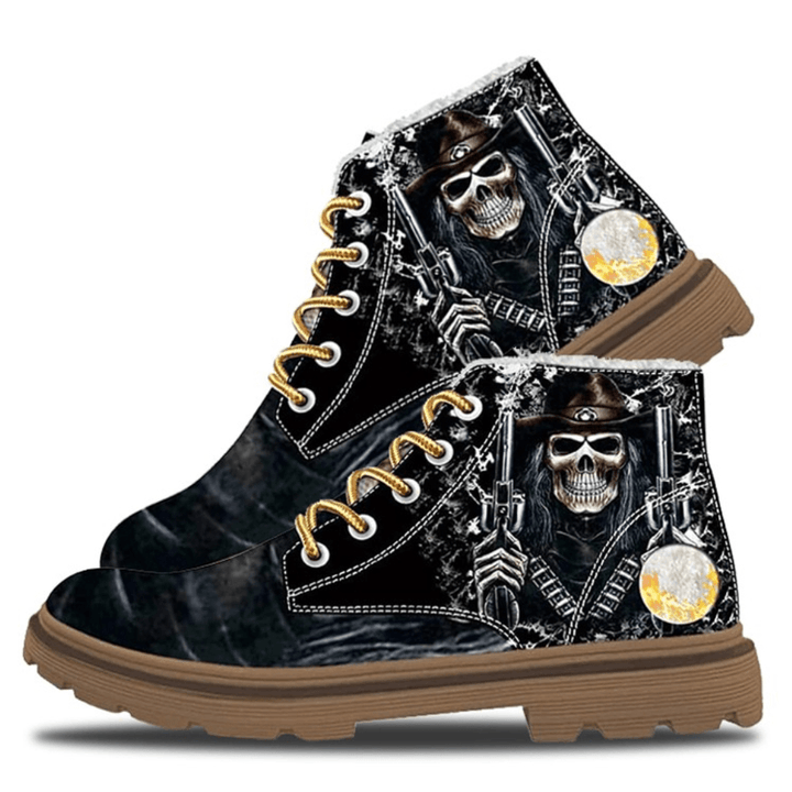 Men Leather Halloween Funny Skull Printing Non Slip Comfy Casual Martin Ankle Boots