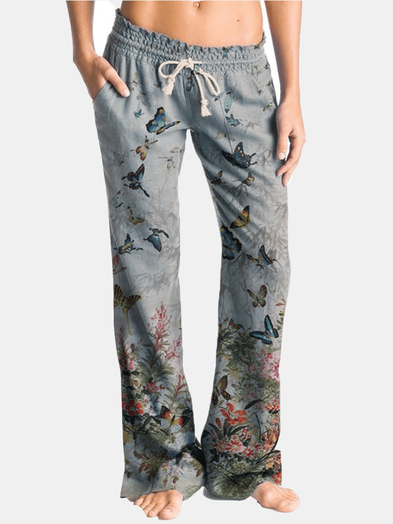 Butterfly Flower Print Drawstring Elastic Waist Casual Pants for Women