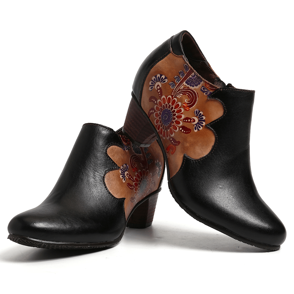 Women Hand Painted Flowers Stitching Leather Zipper Pumps