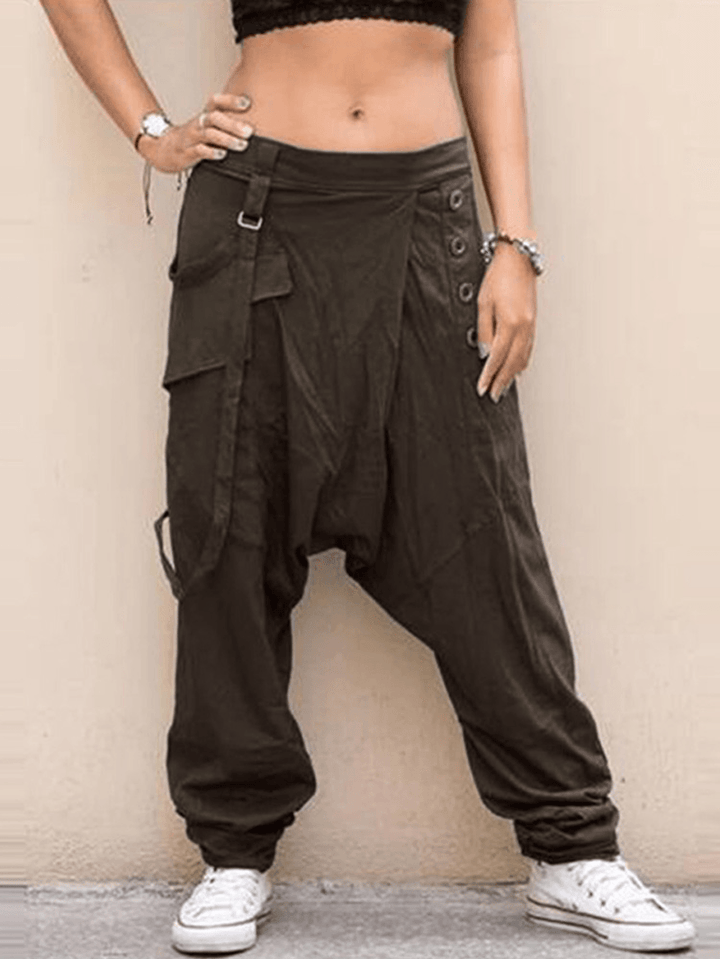 Women Solid Elastic Waist Button Casual Pants