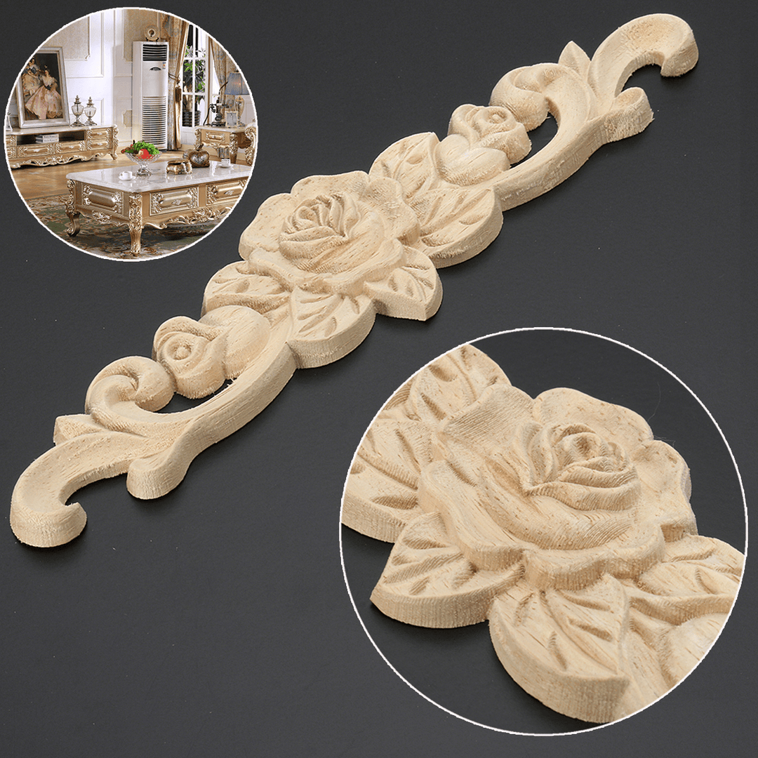 20X5Cm Wood Carved Onlay Applique Unpainted Rose Flower Door Decoration