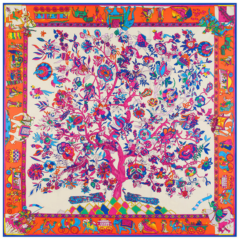 130Cm Fortune Tree Tree of Life Ethnic Flower Pattern Ladies Twill Scarf Travel Scarf