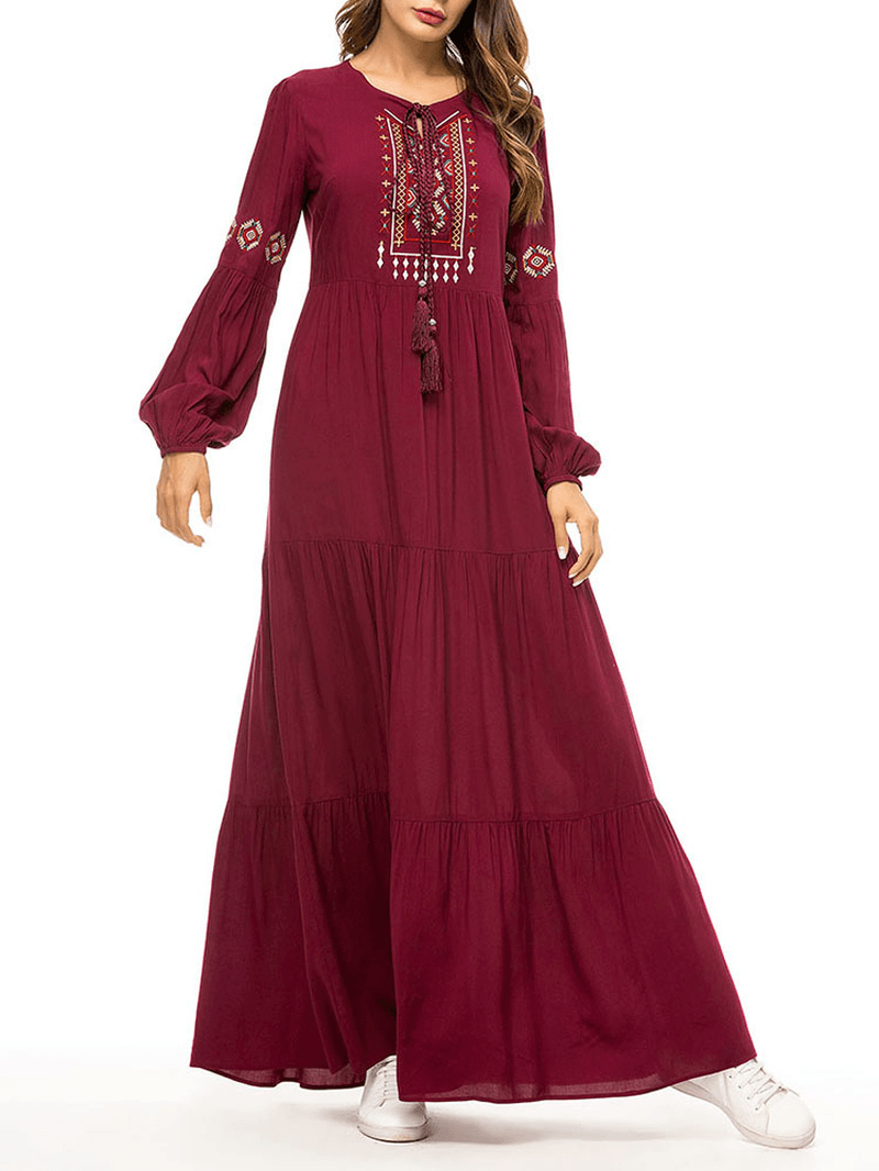 Women Pleated Robe Long Sleeve Maxi Dress