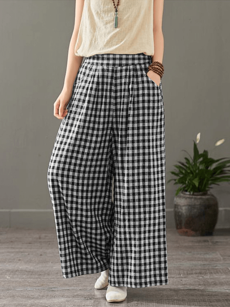 Women Plaid Print Elastic Waist Vintage Casual Loose Wide Leg Pants with Pockets - MRSLM