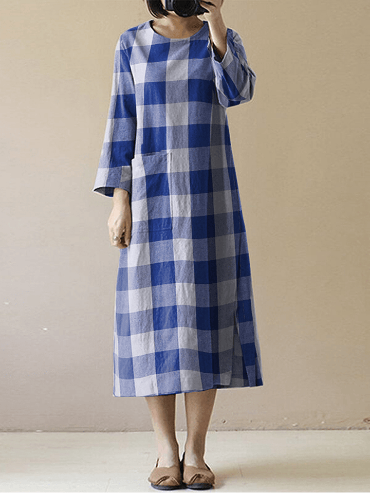 Women Vintage Plaid O-Neck Long Sleeve Splited Midi Dress