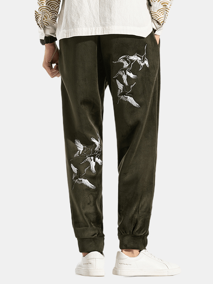 Men'S Casual Chinese Style Fashion Crane Embroidery plus Velvet Thick Warm Loose Pants