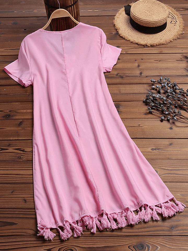 Women Short Sleeve Tassel Patchwork Casual Dress