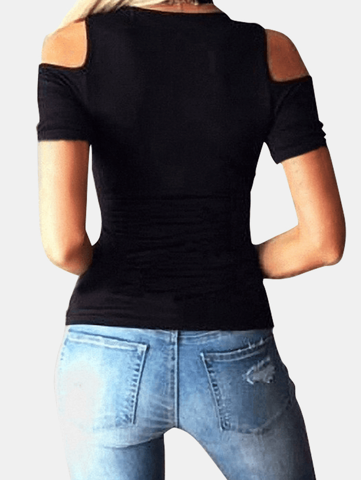 Solid Color V-Neck Cross Straps off Shoulder Short Sleeve T-Shirts