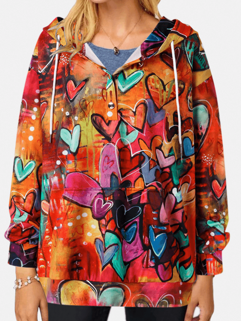 Women Colorful Graffiti Heart Print Long Sleeve Drawstring Hoodie with Kangaroo Pocket