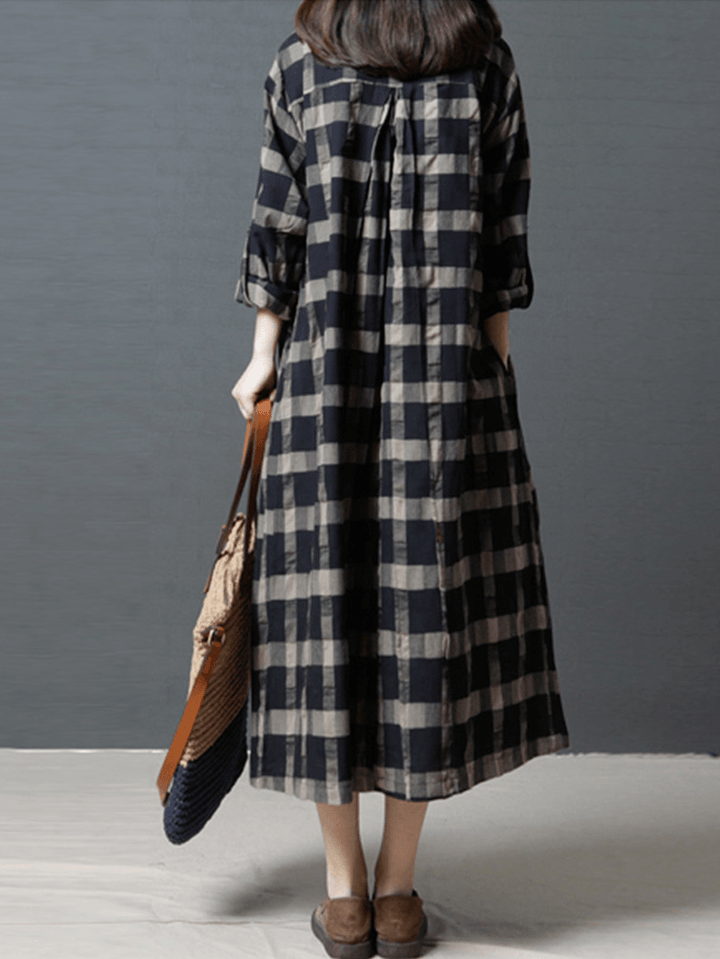 Casual Women Plaid Button Half Sleeve Dress