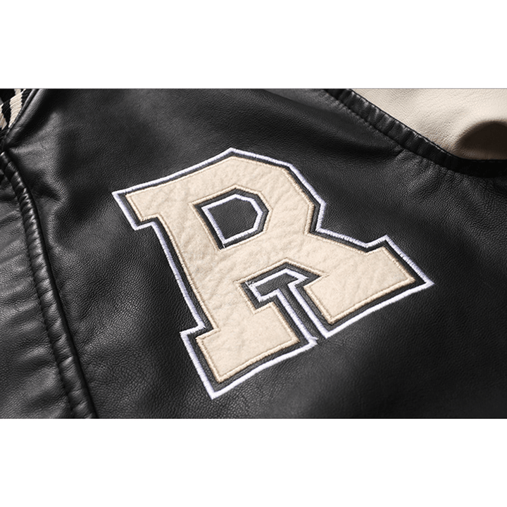 Men'S Motorcycle Style PU Leather Patchwork Badge Decoration Slim Fit Baseball Jacket