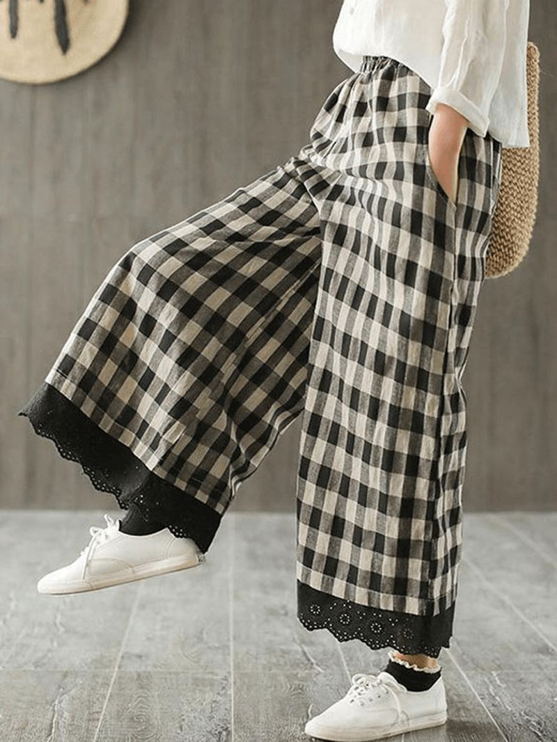 Wide Leg Women Plaid Elastic Waist Pockets Pants