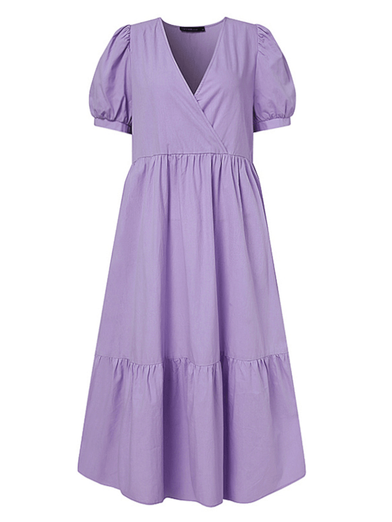 Women Cotton V-Neck Puff Sleeve Holiday Pleated Stitching Maxi Dress