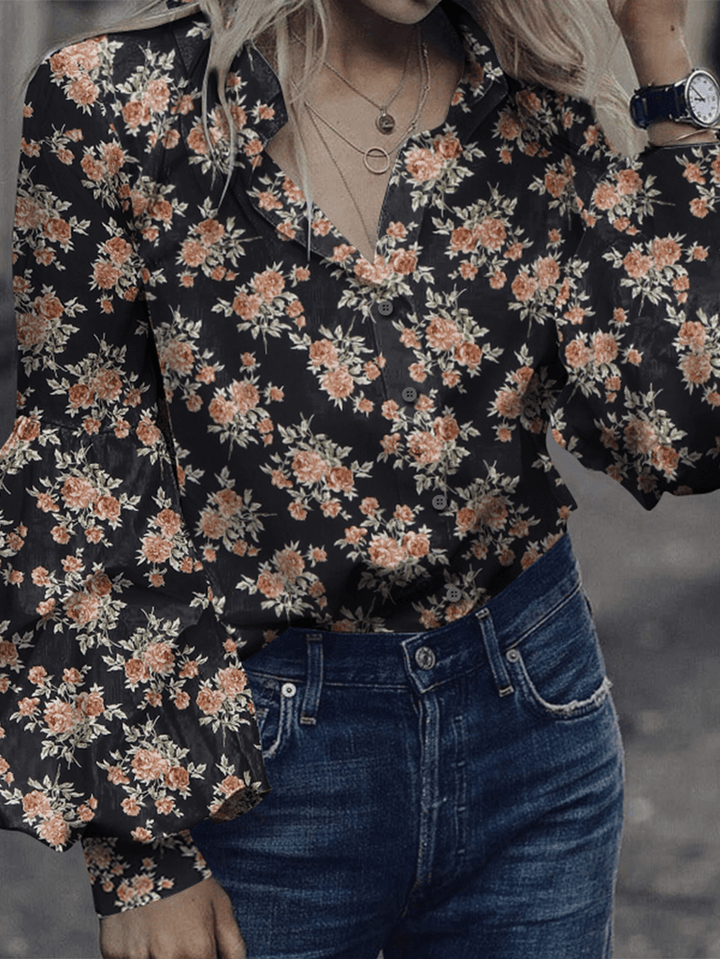 Women Floral Print Lapel Stitching Lantern Sleeve Casual Shirts