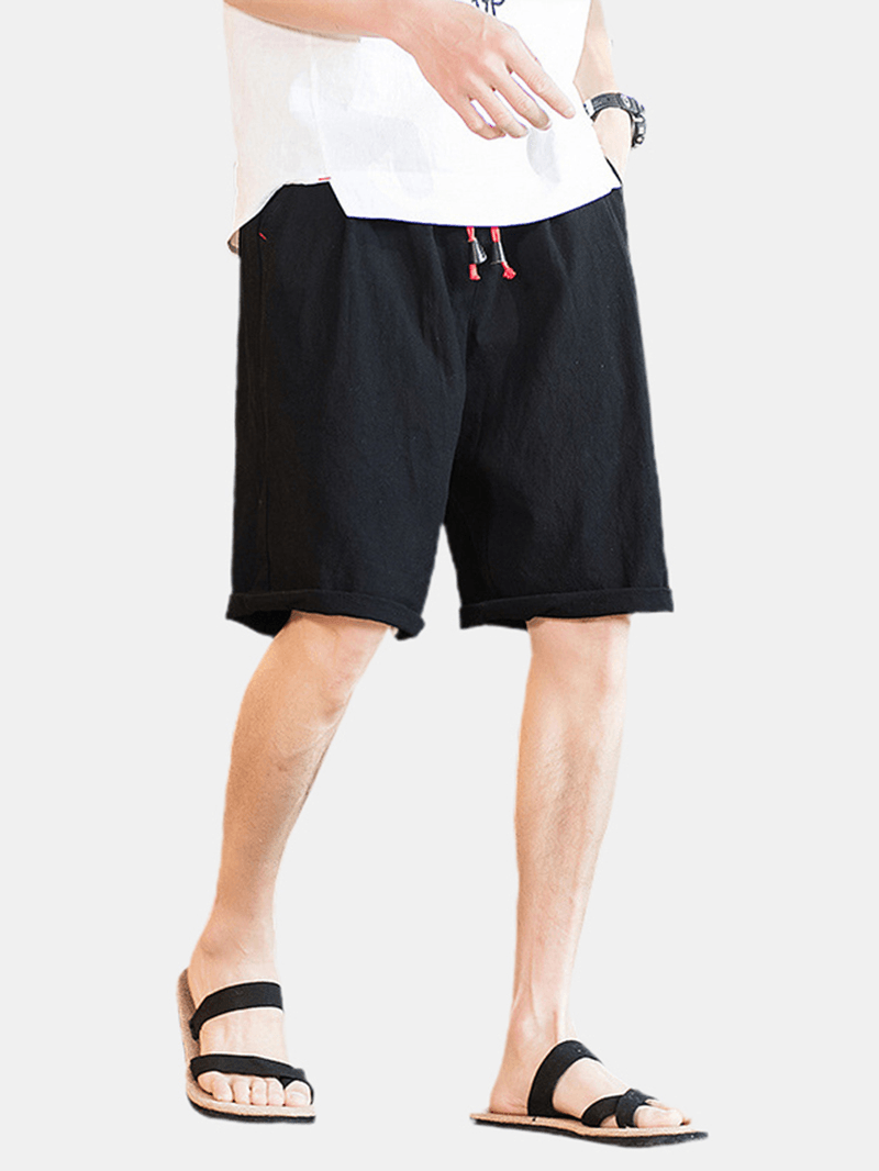 Mens Solid Color Elastic Waist Drawstring Casual Shorts