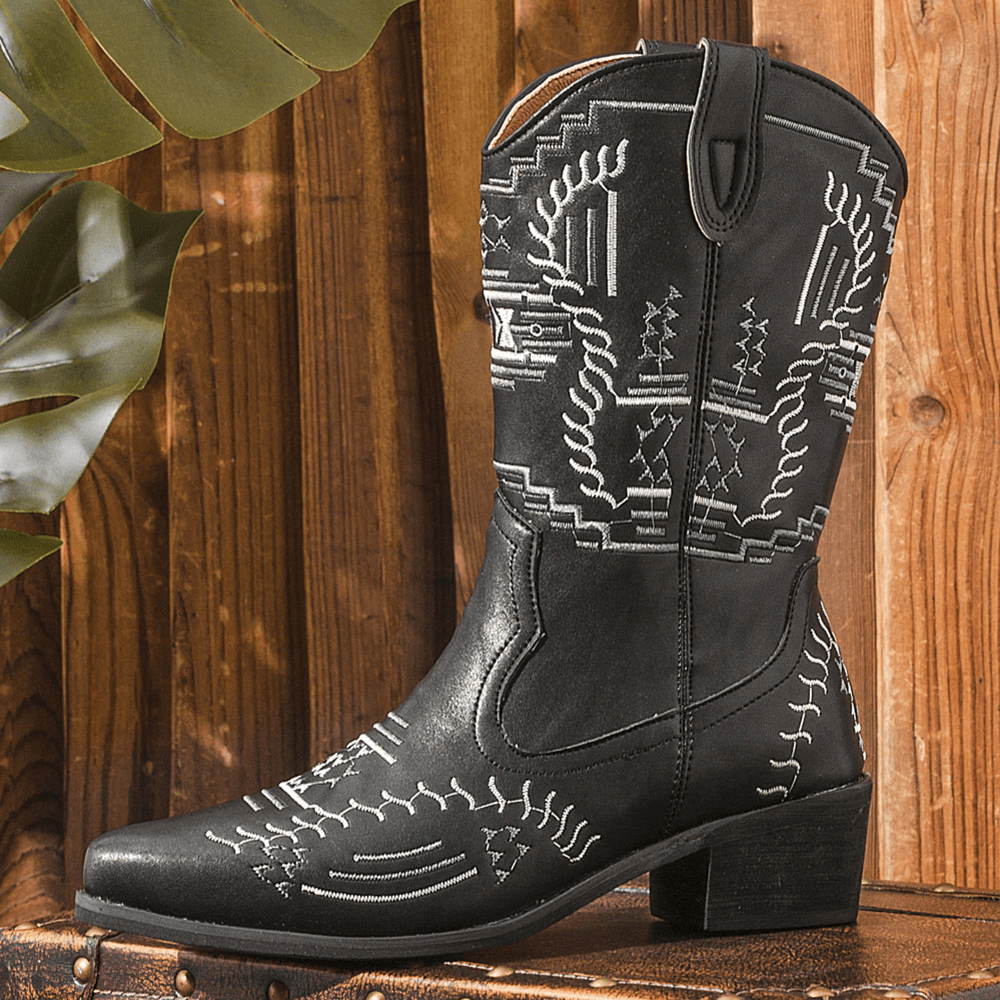 Women Casual Pointed Toe Vintage Embroidered Western Cowboy Boots Martin Boots