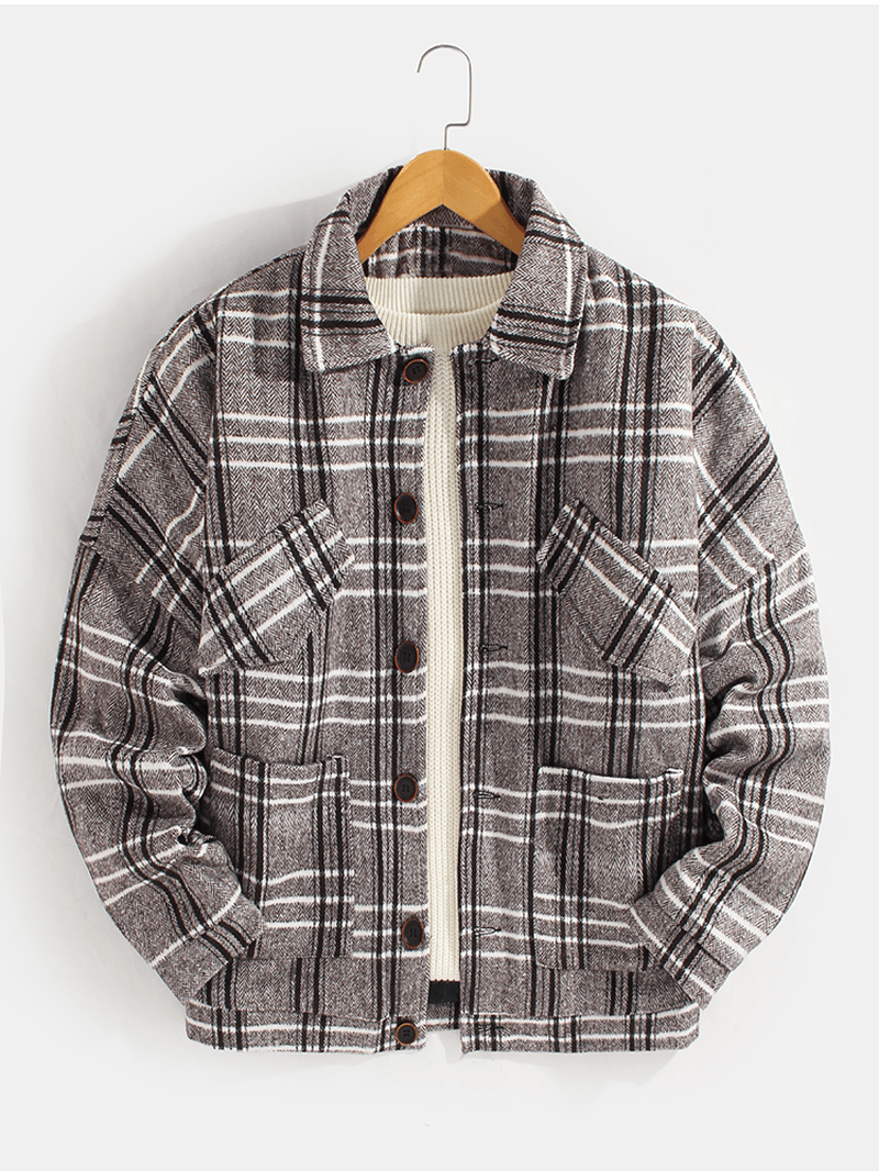 Mens Plaid Button up Warm Long Sleeve Pocket Woolen Jacket