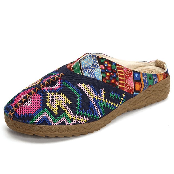 Women Flax Casual Outdoor Embroidery Flat Slipper Shoes - MRSLM